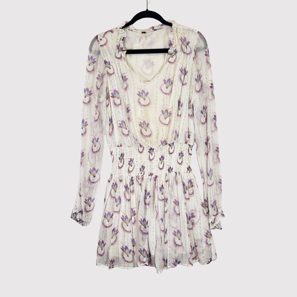 Free People Mini Dress Beige Wild Horses Dreamcatcher V Neck Smocked Medium - Picture 2 of 12